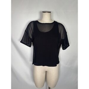 DKNY‎ Women's Black Chiffon Sheer Short Sleeve Blouse Shirt Top Size Small